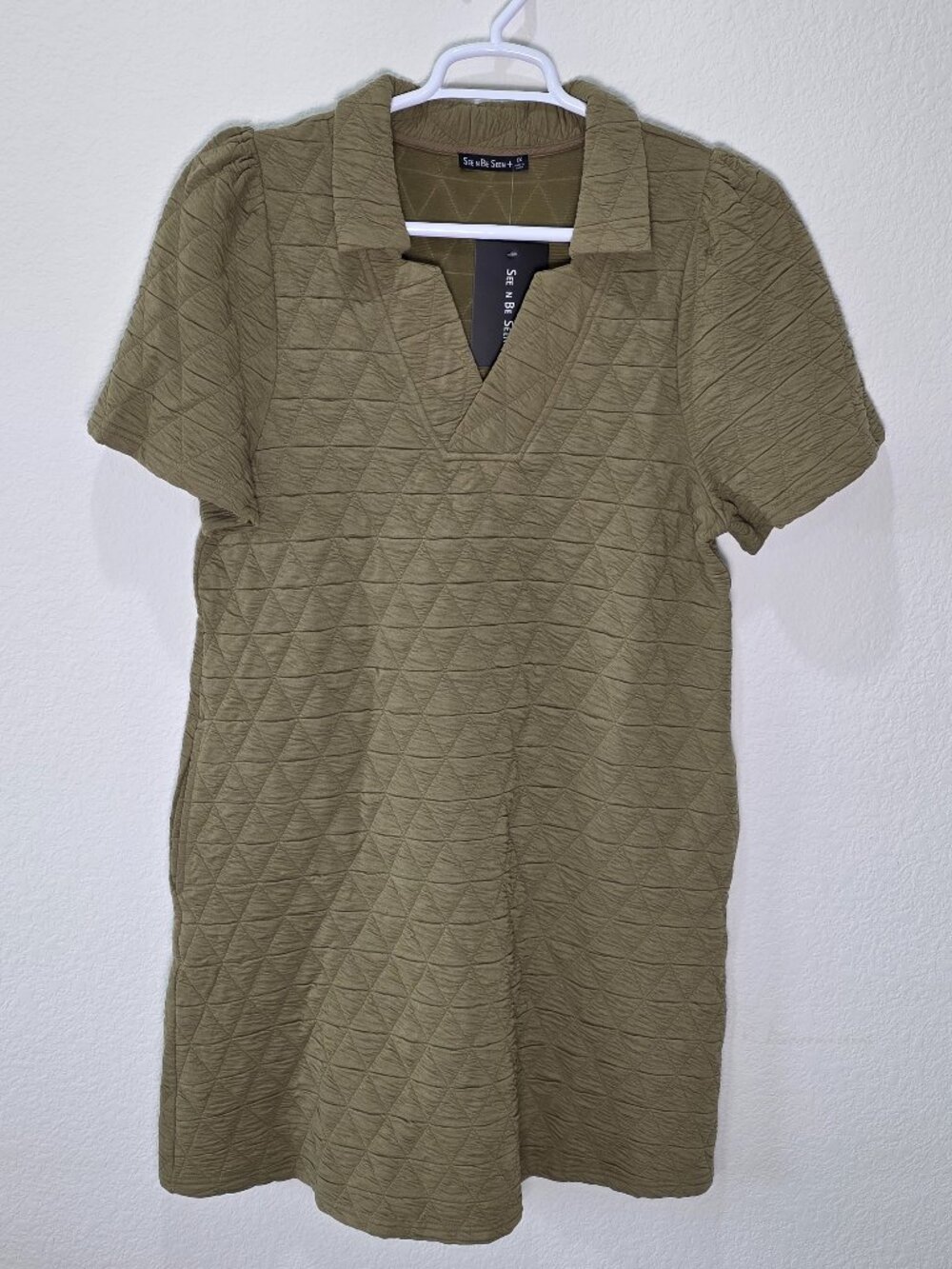 NWT See N Be Seen Olive Green Quilted Polo Collar Mini Dress Tunic Size 3X